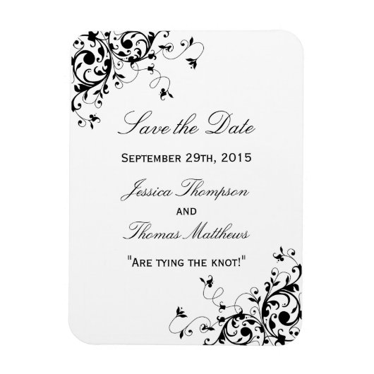 黒エレガントと白の結婚式の日付を保存 マグネット (縦)