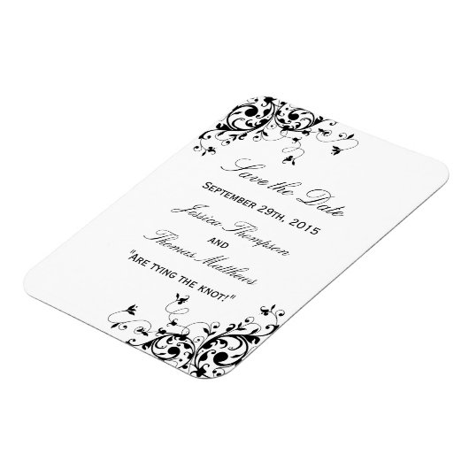 黒エレガントと白の結婚式の日付を保存 マグネット (左側)