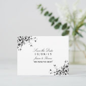 黒エレガントと白の結婚式の日付を保存 案内ポストカード (スタンド正面)