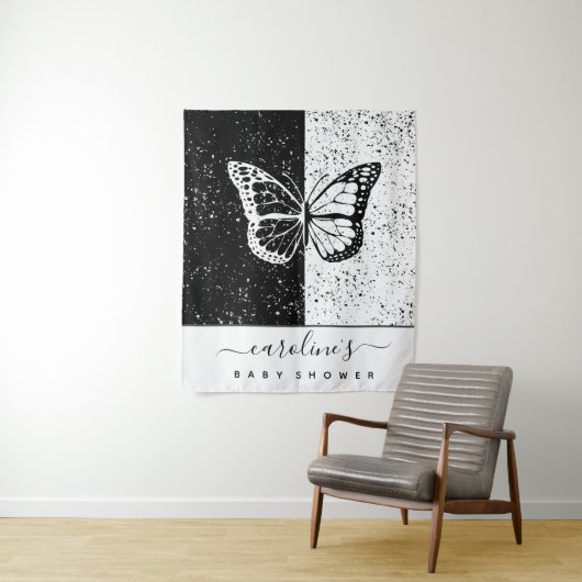 黒エレガントと白の蝶の赤ちゃんシャワー点々のある タペストリー (インサイチュ)