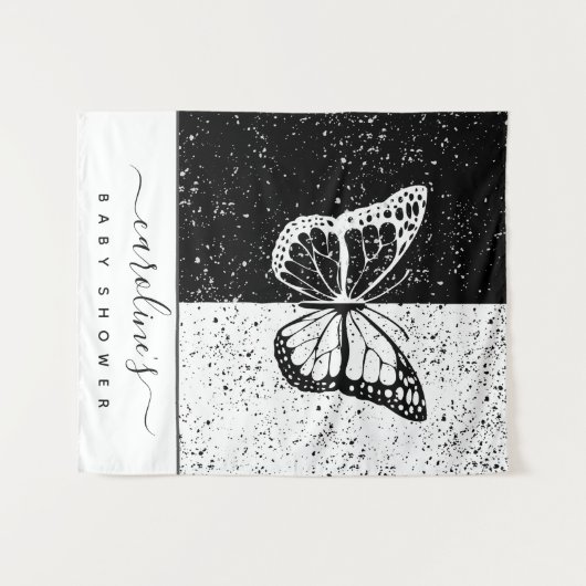 黒エレガントと白の蝶の赤ちゃんシャワー点々のある タペストリー (正面(横))