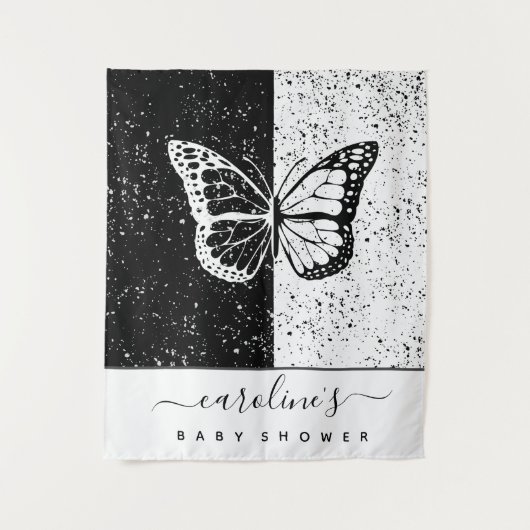 黒エレガントと白の蝶の赤ちゃんシャワー点々のある タペストリー (正面)