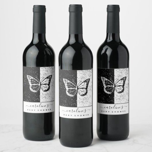 黒エレガントと白の蝶の赤ちゃんシャワー点々のある ワインラベル (ボトル)