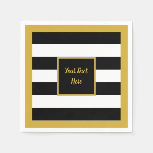 黒エレガントと白の金ゴールド付きスクリプストライプト スタンダードカクテルナプキン (正面)