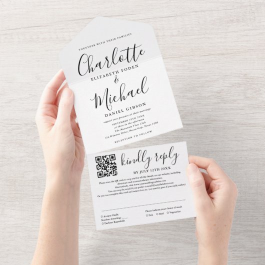 黒エレガントと白のQRコードのスクリプ結婚ト オールインワン招待状 (貼ってはがせる)