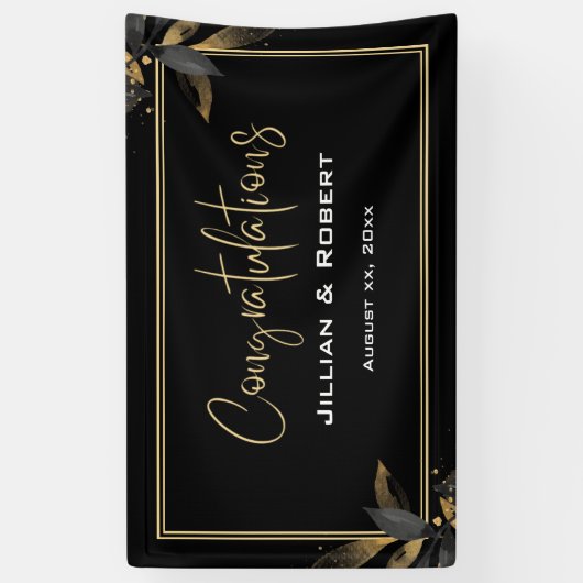 黒エレガントと白、金ゴールド結婚披露宴 横断幕 (縦)