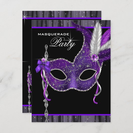 黒エレガントと紫の仮装パーティー 招待状 (正面/裏面)