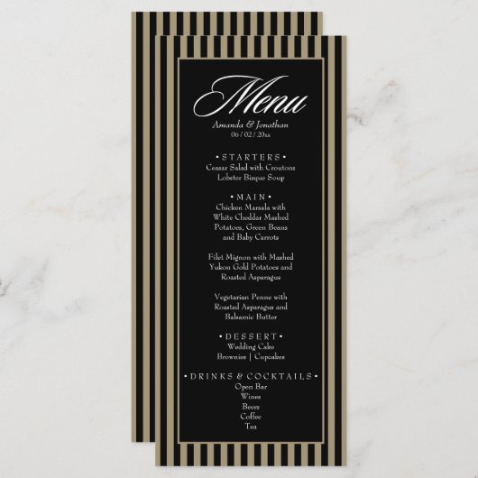 黒エレガントと緑の垂直ストライプ結婚 メニュー (正面/裏面)