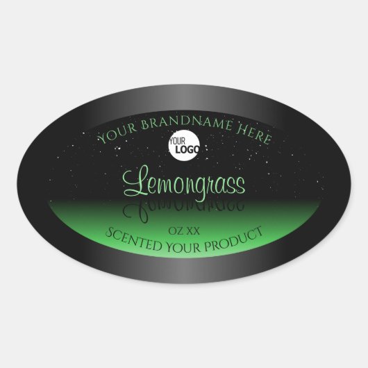 黒エレガントと緑の製品ラベルのグリッターロゴ 楕円形シール (正面)