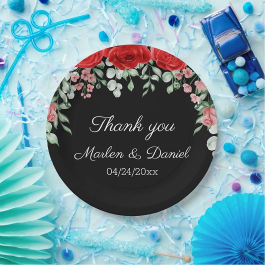 黒エレガントと赤のフローラ結婚 ペーパープレート (パーティー)