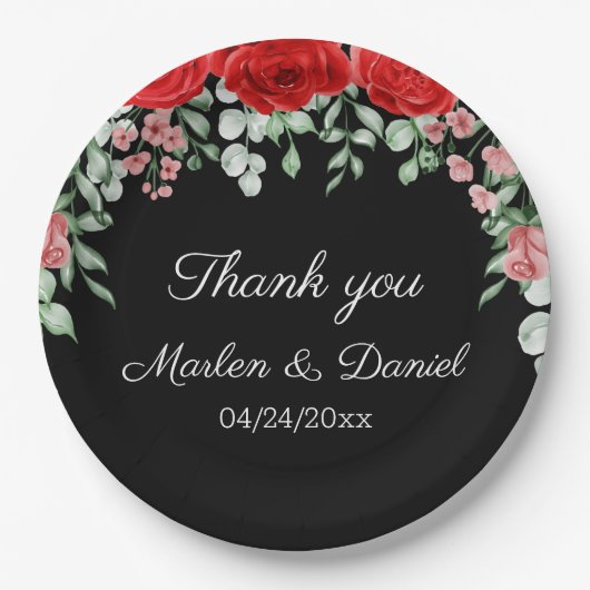 黒エレガントと赤のフローラ結婚 ペーパープレート (正面)