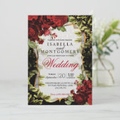 黒エレガントと赤のフローラ結婚 招待状 (スタンド正面)