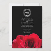 黒エレガントと赤のローズシルバーローレルイニシャル 招待状 (正面)