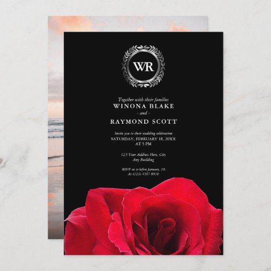 黒エレガントと赤のローズシルバーローレルイニシャル 招待状 (正面/裏面)