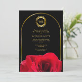 黒エレガントと赤のローズ金ゴールドローレルイニシャル 招待状 (スタンド正面)