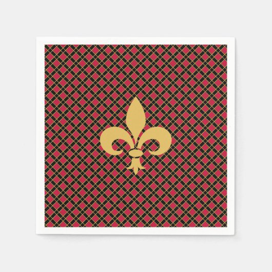 黒エレガントと赤の上にフルーアデリスまたはリリーフラワー スタンダードカクテルナプキン (正面)