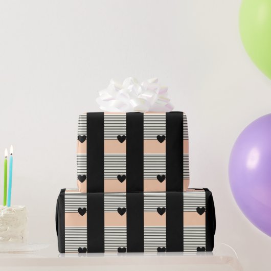 黒エレガントと赤面ピンクのハート&ストライプギフト ラッピングペーパー (パーティーギフト)