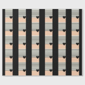 黒エレガントと赤面ピンクのハート&ストライプギフト ラッピングペーパー (フラット)