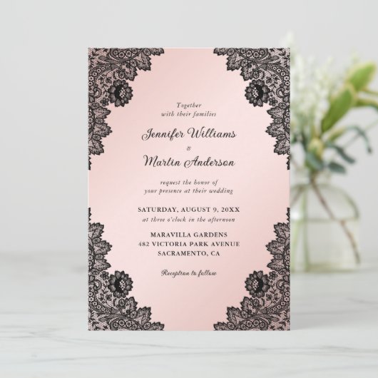 黒エレガントと赤面ピンクのフローラレース結婚ズ 招待状 (スタンド正面)