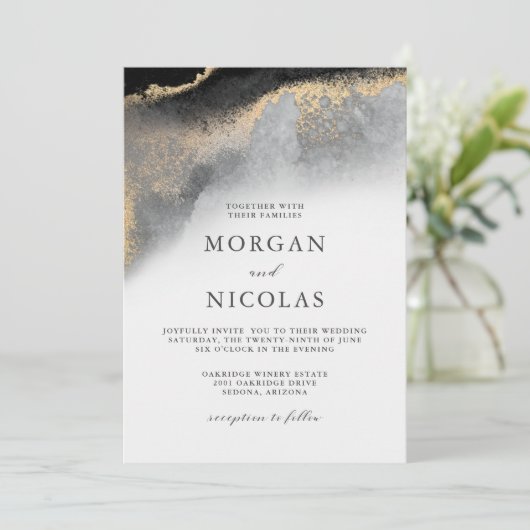 黒エレガントと金ゴールドが大理石製のオピュレ結婚ンス 招待状 (スタンド正面)