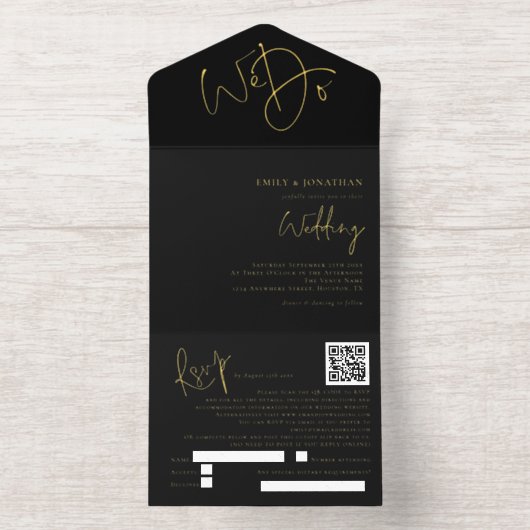 黒エレガントと金ゴールドでホイル結婚を行う オールインワン招待状 (内側)