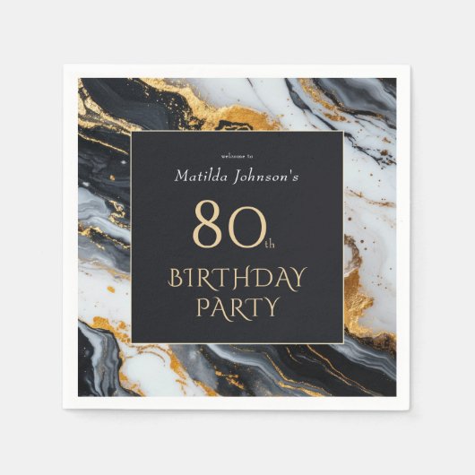 黒エレガントと金ゴールドのアゲート80th誕生日パーティー スタンダードカクテルナプキン (正面)