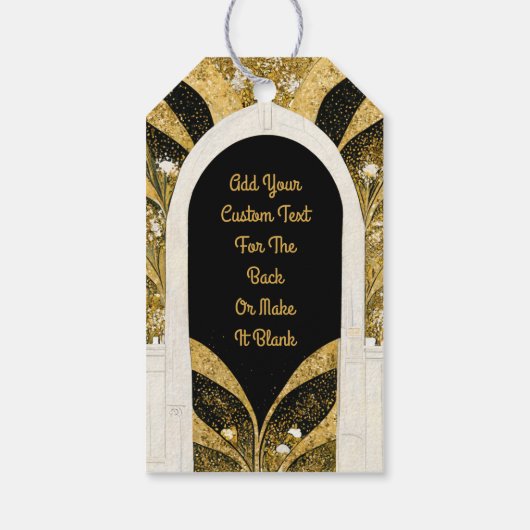 黒エレガントと金ゴールドのアールデコアーチウェ結婚イ ギフトタグ (裏面)