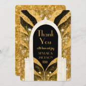 黒エレガントと金ゴールドのアールデコアーチウェ結婚イ サンキューカード (正面/裏面)