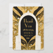 黒エレガントと金ゴールドのアールデコアーチウェ結婚イ サンキューカード (正面)