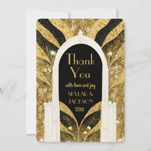 黒エレガントと金ゴールドのアールデコアーチウェ結婚イ サンキューカード (正面)