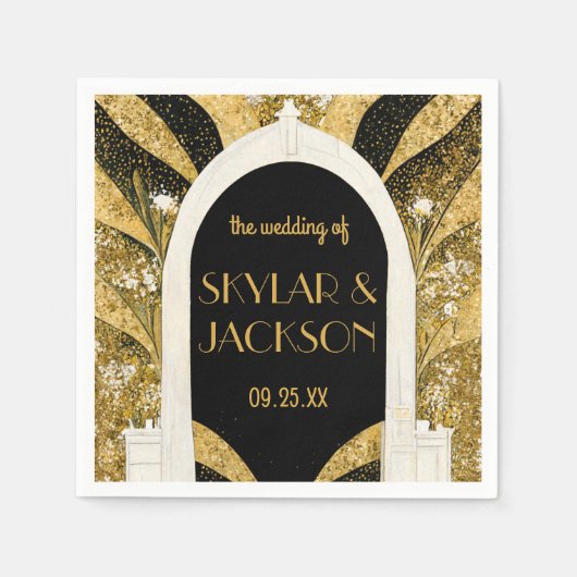 黒エレガントと金ゴールドのアールデコアーチウェ結婚イ スタンダードカクテルナプキン (正面)