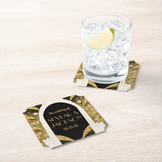 黒エレガントと金ゴールドのアールデコアーチウェ結婚イ ペーパーコースター (インサイチュ)