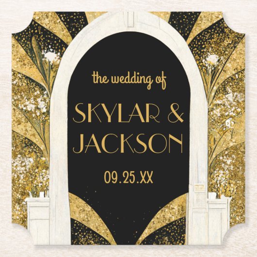 黒エレガントと金ゴールドのアールデコアーチウェ結婚イ ペーパーコースター (正面)