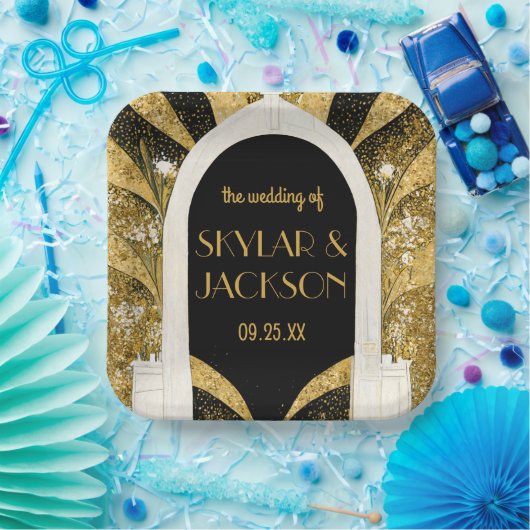 黒エレガントと金ゴールドのアールデコアーチウェ結婚イ ペーパープレート (パーティー)