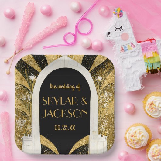 黒エレガントと金ゴールドのアールデコアーチウェ結婚イ ペーパープレート (パーティー)