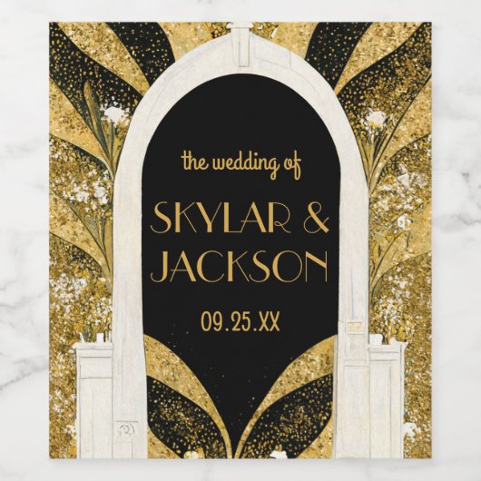 黒エレガントと金ゴールドのアールデコアーチウェ結婚イ ワインラベル (シングルラベル)