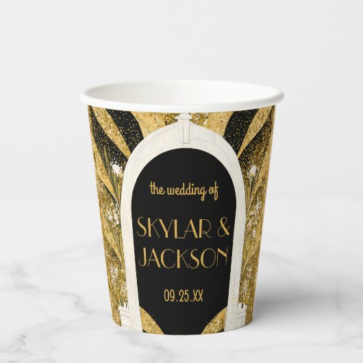 黒エレガントと金ゴールドのアールデコアーチウェ結婚イ 紙コップ (裏面)