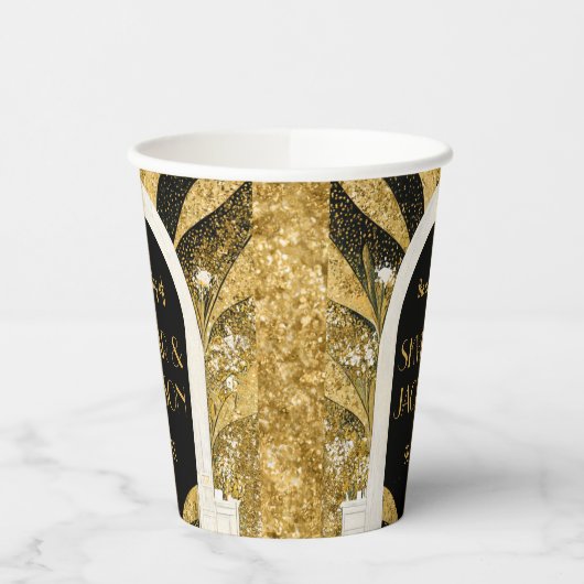 黒エレガントと金ゴールドのアールデコアーチウェ結婚イ 紙コップ (左)