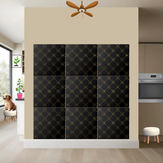 黒エレガントと金ゴールドのアールデコフローラタイル タイル