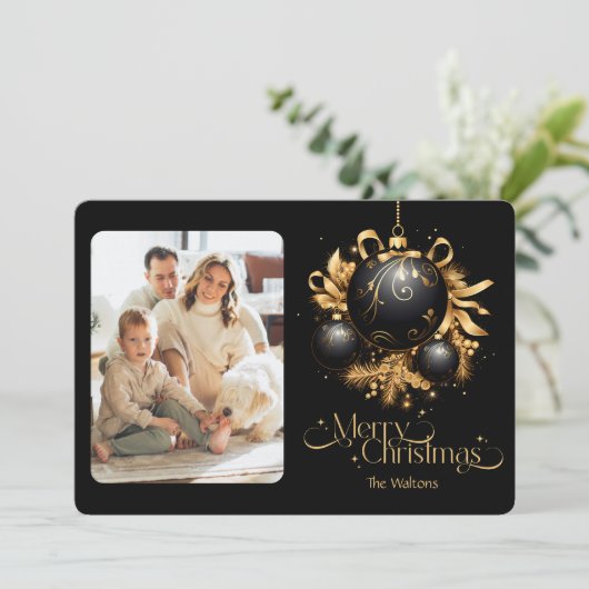 黒エレガントと金ゴールドのクリスマスフォト シーズンカード (スタンド正面)