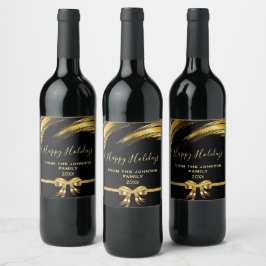 黒エレガントと金ゴールドのクリスマスリボンの弓 ワインラベル