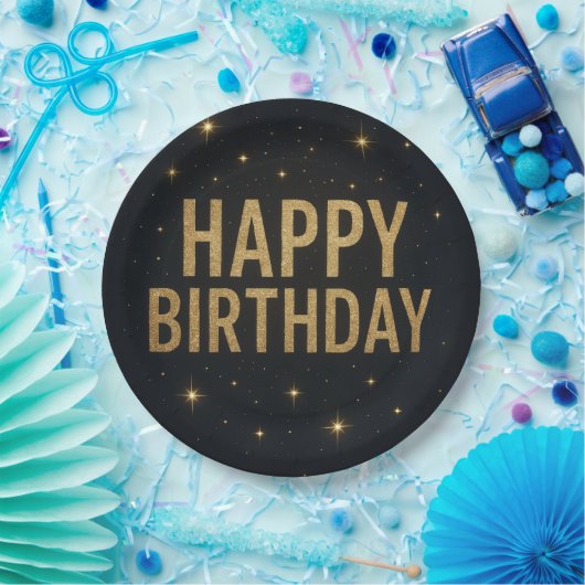 黒エレガントと金ゴールドのグリッターハッピーバースデー ペーパープレート (パーティー)
