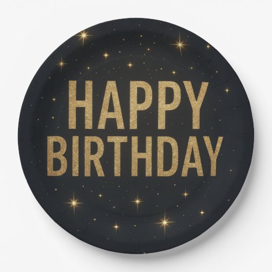 黒エレガントと金ゴールドのグリッターハッピーバースデー ペーパープレート (正面)