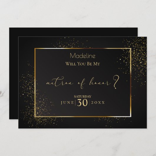 黒エレガントと金ゴールドのグリッターマトロンの名誉 招待状 (正面/裏面)