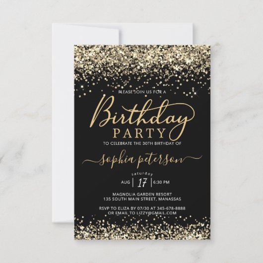 黒エレガントと金ゴールドのグリッター任意の年齢誕生日 招待状 (正面)