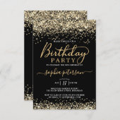 黒エレガントと金ゴールドのグリッター任意の年齢誕生日 招待状 (正面/裏面)