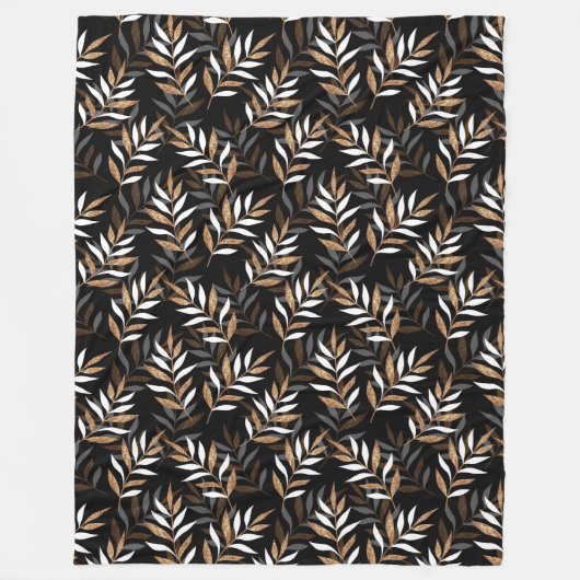 黒エレガントと金ゴールドのグリッター葉パターン フリースブランケット (正面)