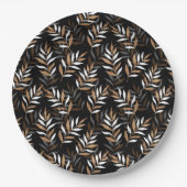 黒エレガントと金ゴールドのグリッター葉パターン ペーパープレート (正面)