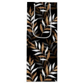 黒エレガントと金ゴールドのグリッター葉パターン ワインギフトバッグ (正面)