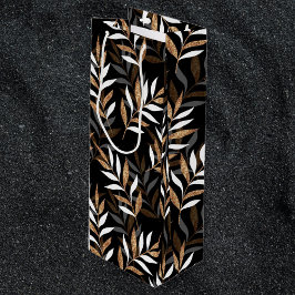 黒エレガントと金ゴールドのグリッター葉パターン ワインギフトバッグ